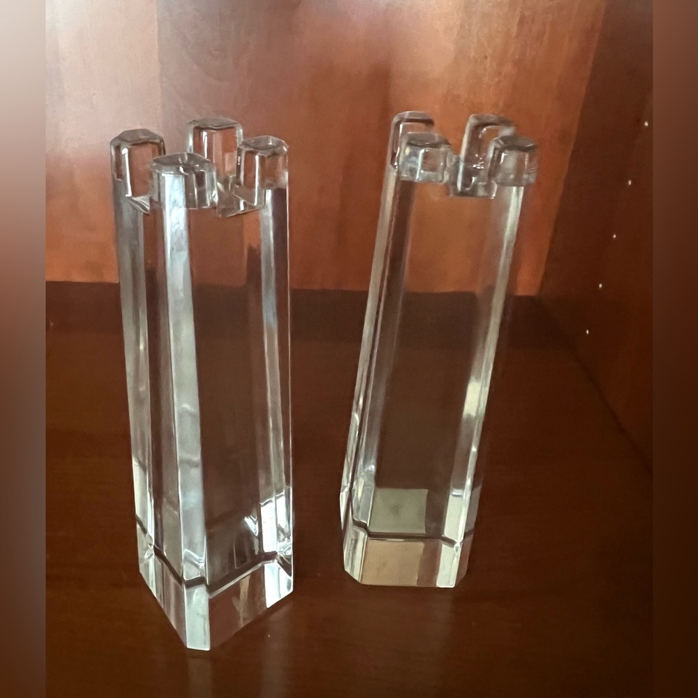 Two Lenox Germany Avalon Crystal Candlestick Holders Tower Paperweights 5.5 Rare